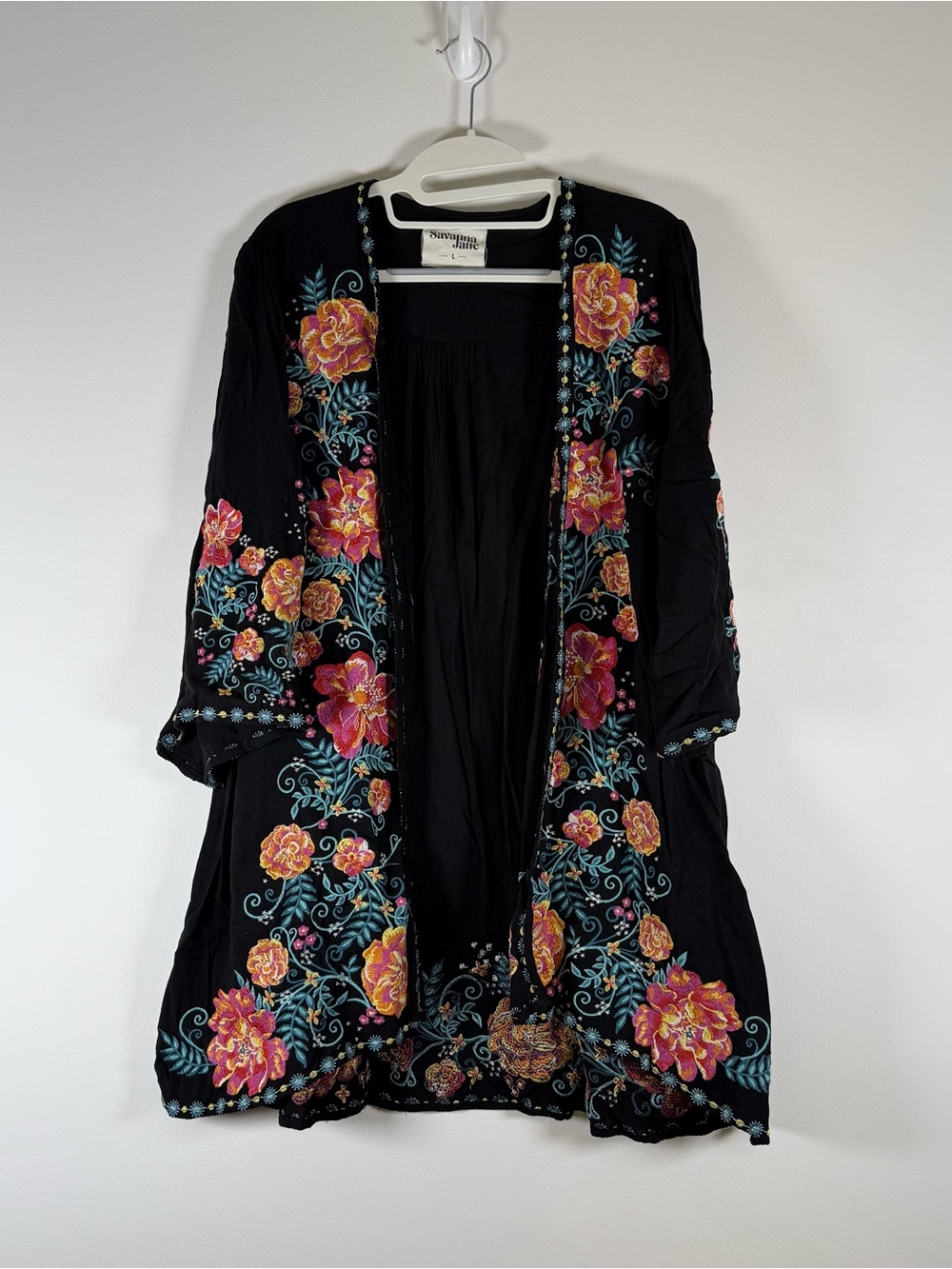 Savanna Jane Black Floral Embroidered Open Front Kimono Cardigan Boho L